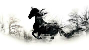 noir et blanc double exposition fusion cheval et des arbres à vitrine leur lien dans la nature photo