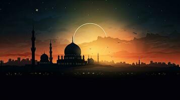 islamique nuit avec une silhouette mosquée contre une le coucher du soleil ciel avec une lune création une saint ambiance photo