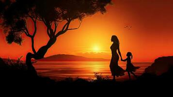mère et enfant silhouette contre une le coucher du soleil photo