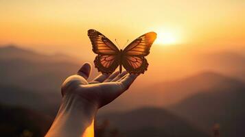 main dans une méditation position et papillon le coucher du soleil dans le montagnes montré dans une proche en haut coup photo