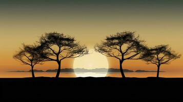Trois des arbres sur le horizon comme le Soleil disparaît photo