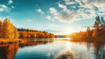 ensoleillement plus de Orange feuillage sur une au bord de la rivière dans l'automne paysage de biélorussie ou L'Europe  à lever du soleil photo