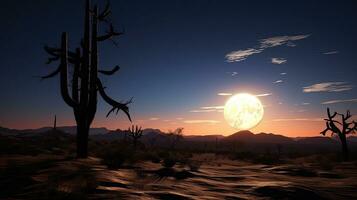 éclairé par la lune silhouette de une saguaro cactus dans le désert paysage photo