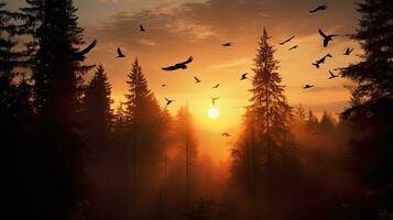 des oiseaux en volant plus de une forêt pendant le coucher du soleil s silhouette photo