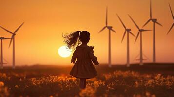 enfant fille avec vent jouet fonctionnement sur Prairie à le coucher du soleil sa silhouette photo