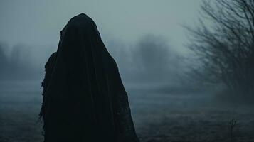 une figure avec une capuche orienté vers une façon de le caméra peering par brouillard sur une du froid campagne hiver journée photo