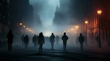 brumeux Bilbao des rues avec gens en marchant dans Espagne photo