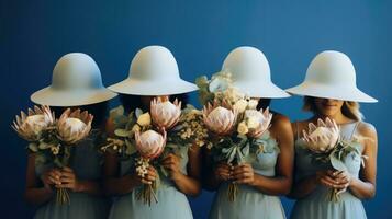 luxe mariage avec demoiselles d'honneur dans bleu Robes et une la mariée dans une blanc robe en portant protea bouquets photo