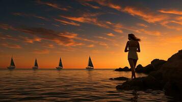 atmosphérique le coucher du soleil dans sicile avec une femme baignade et une voile bateau photo