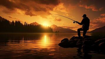homme pêche à le coucher du soleil décrit contre le ciel photo