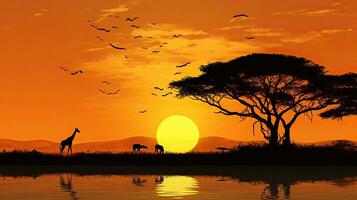 masaï mara s typique africain le coucher du soleil avec acacia des arbres et une girafe famille silhouette contre une réglage Soleil réfléchi sur l'eau photo