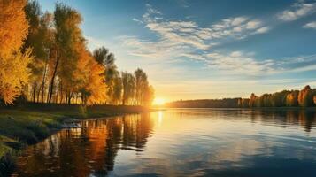 l'automne rivière paysage dans biélorussie ou européen partie de Russie à le coucher du soleil avec Soleil brillant plus de bleu l'eau à lever du soleil la nature sur une ensoleillé Matin avec les bois et Orange feuillage o photo