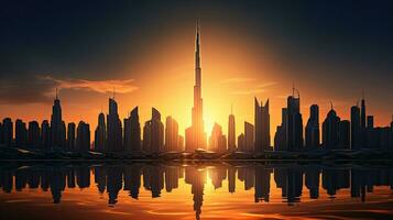 Dubai ville bâtiments profil à le coucher du soleil dans le uni arabe émirats photo