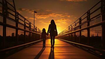 mère et enfant laisser le pont et tête vers le lumière photo