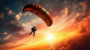 une solitaire parachutiste gracieusement glisse par le vibrant ciel décrit par le réglage Soleil photo