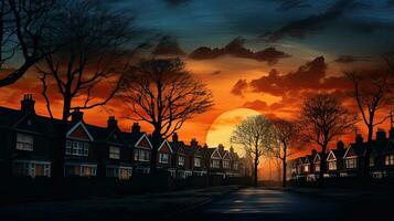 silhouette des arbres et maisons dans un Anglais ville à le coucher du soleil avec une bleu et Orange ciel photo