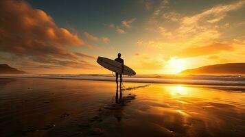 homme en marchant par le océan avec une planche de surf photo