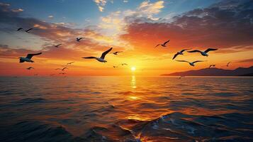magnifique thaïlandais le coucher du soleil avec mouette silhouettes en volant plus de le mer photo