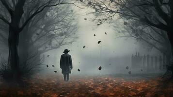 une homme dans une gris manteau et chapeau des promenades dans une magique jardin un l'automne parc avec Dénudé des arbres brouillard solitude et brouillard entourer lui étrange capricieux branches photo
