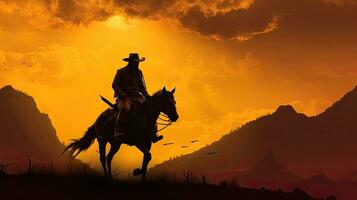 Jaune ciel derrière une cow-boy sur une Montagne dans silhouette photo