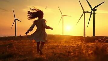 enfant fille avec vent jouet fonctionnement sur Prairie à le coucher du soleil sa silhouette photo