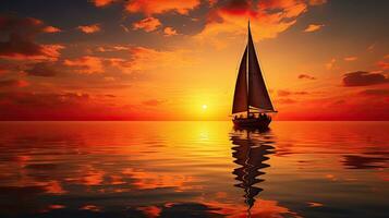le coucher du soleil réflexion de une voile bateau dans l'eau photo