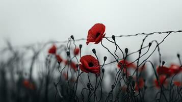 un art installation avec rouge coquelicots au milieu de barbelé câble symbolisant le victimes de deux monde guerres contre une blanc ciel avec vide zone photo