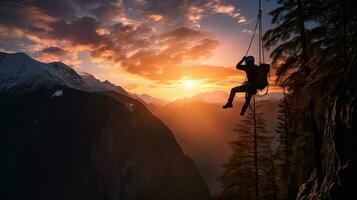 aventure concept capturé dans une composite image de silhouette descente en rappel de une falaise à coloré lever du soleil ou le coucher du soleil mettant en valeur étourdissant montagnes dans Britanique colombie Canada photo