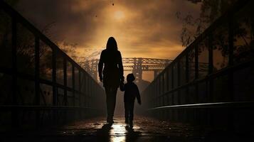 mère et enfant laisser le pont et tête vers le lumière photo