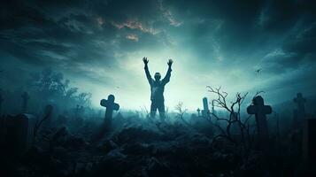 Halloween à thème un événement avec une en hausse zombi dans une effrayant cimetière à nuit avec une plein lune dans le Contexte photo