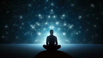Humain silhouette séance parmi étoilé Contexte absorbé dans yoga méditation pour relaxation et psychologique bien étant photo