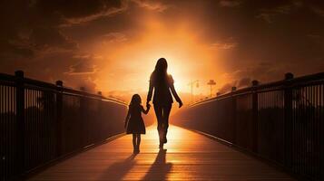 mère et enfant laisser le pont et tête vers le lumière photo