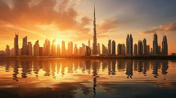 Dubai ville bâtiments profil à le coucher du soleil dans le uni arabe émirats photo