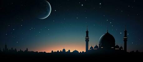 islamique religieux symbole silhouette de mosquées dôme et croissant lune contre crépuscule ciel avec texte espace pour Ramadan eid Al adha eid Al fitr et mubarak photo