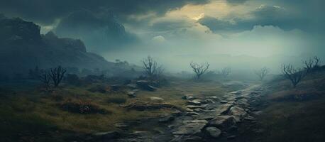 brumeux sentier dans un vieux Naturel paysage photo