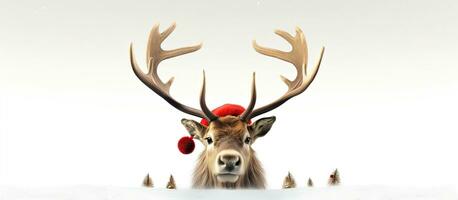 3d illustration de renne avec rouge nez et Père Noël chapeau contre blanc toile de fond photo