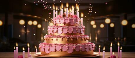 opulent rose anniversaire gâteau avec abondant d'or bougies photo
