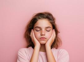 une mignonne Jeune fille avec sa mains sur sa front dans de face de une rose Contexte photo