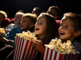 Jeune des gamins souriant attendre avec pop corn à cinéma photo