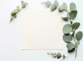 vide carte avec eucalyptus feuilles photo