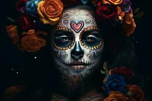 une mexicain femme avec sucre crâne maquillage et fleurs photo