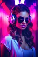 attrayant femme dans une dj écouteurs et lunettes de soleil photo