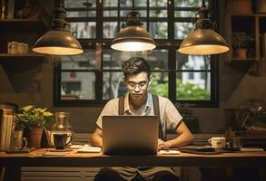 Jeune homme travail avec portable à Accueil photo