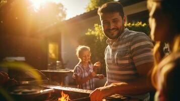 Jeune famille est grillage à le barbecue photo