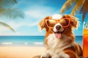 chien avec des lunettes de soleil sur le plage photo