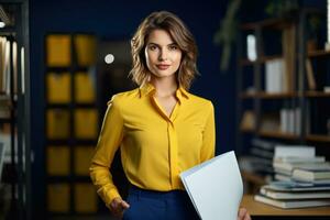 magnifique Jeune professionnel femme en portant Bureau dossier tandis que permanent dans le conférence pièce photo