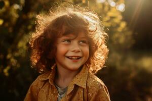 une portrait de content souriant garçon sur une ensoleillé journée établi avec génératif ai technologie. photo