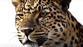 proche en haut portrait de côté visage féroce carnivore léopard, regard ou à la recherche tout droit vers l'avant isolé sur blanc Contexte. ai généré photo