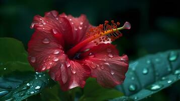 macro coup proche en haut fleur de rouge hibiscus rosa-sinensis ou cireur de chaussures plante avec certains l'eau gouttes isolé sur la nature Contexte. ai généré photo