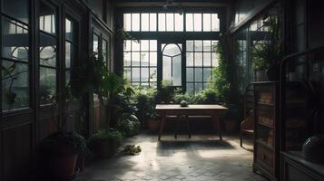 vieux en bois maison avec grand verre fenêtre, intérieur verdure jardin plein de Accueil plante et antique. ai généré photo